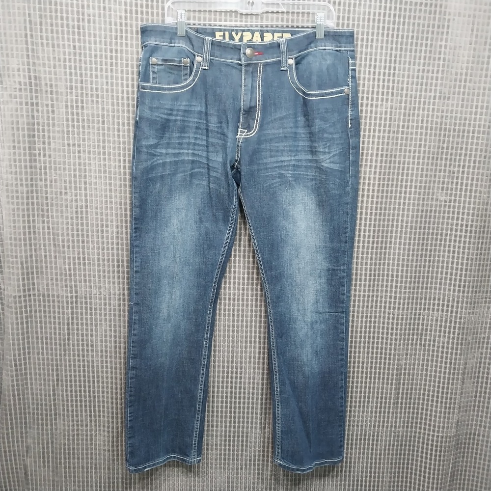 Flypaper Womens Straight Leg Jeans Contrast Stitch Embroidery 36x30 Blue